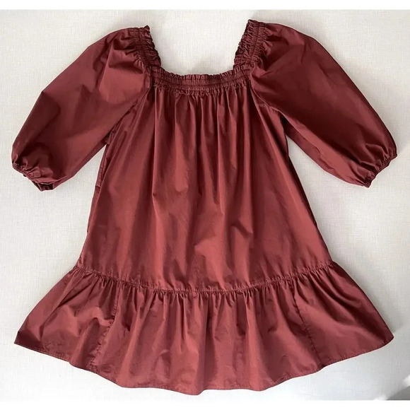 Madewell L Poplin Mini Dress Maroon Cotton Square Neck Boho Fall Prairie Comfy - Picture 5 of 14